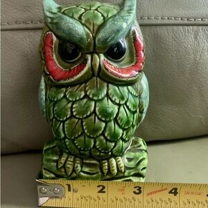 Brinn’s Owl Piggy Bank Retro 1970s green big eyed ceramic branch stopper Vintage